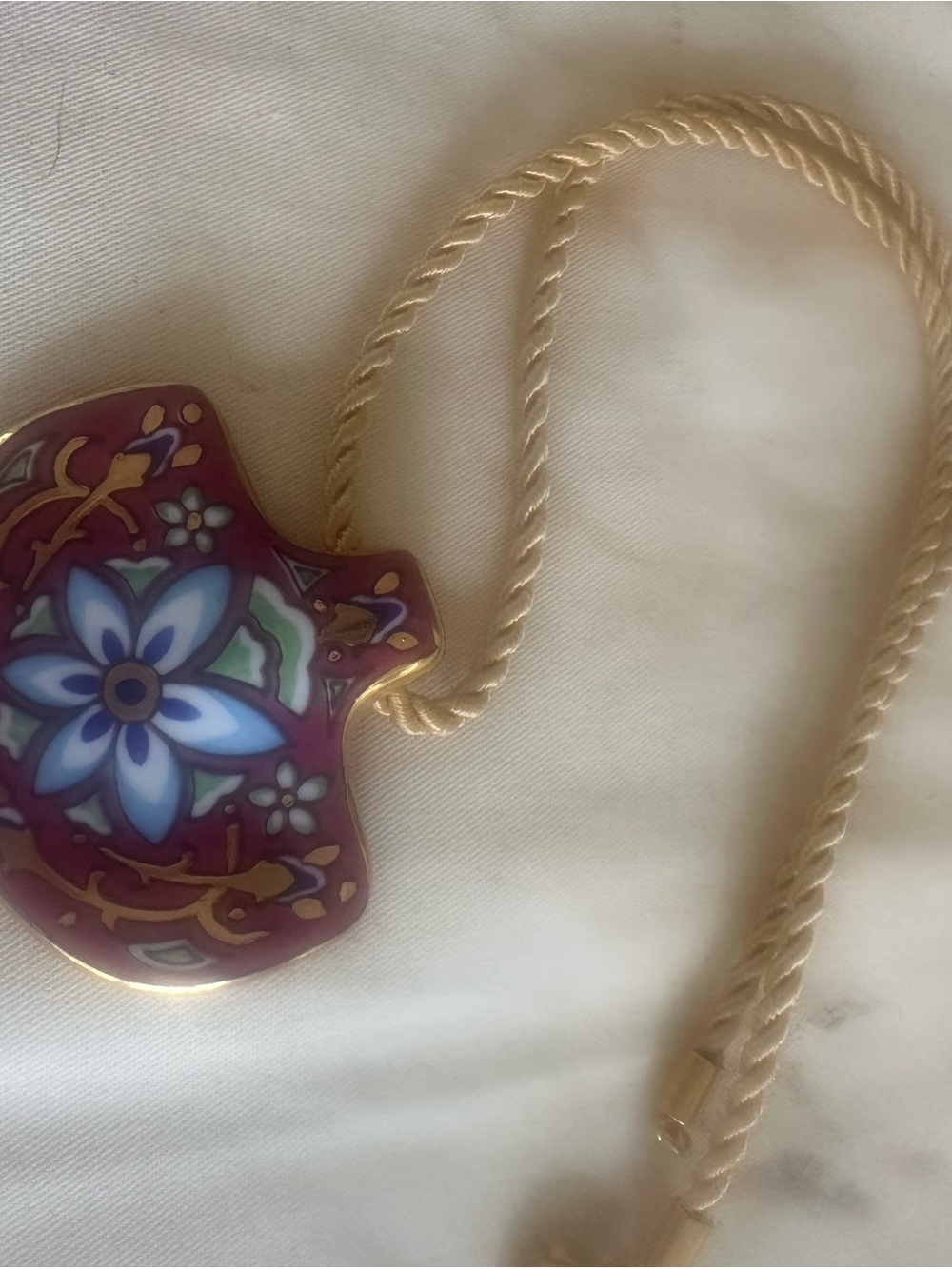 Gold Rope Necklace with Red Floral Hamsa Pendant - Decorative Enamel Detail